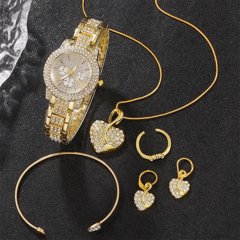 Luxuriöses Damen Schmuck-Set mit goldener Quarz-Uhr
