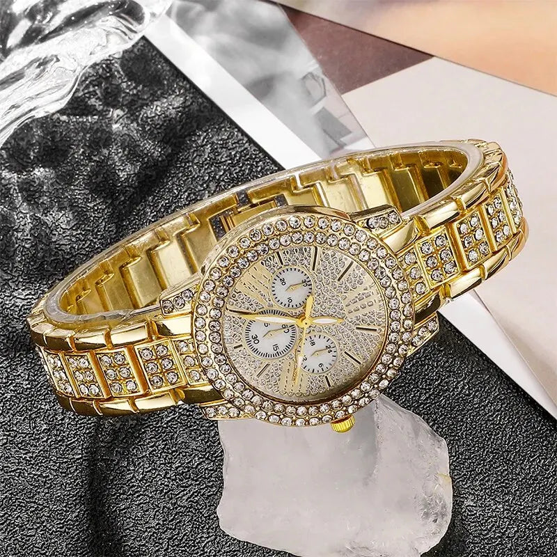 Luxuriöses Damen Schmuck-Set mit goldener Quarz-Uhr