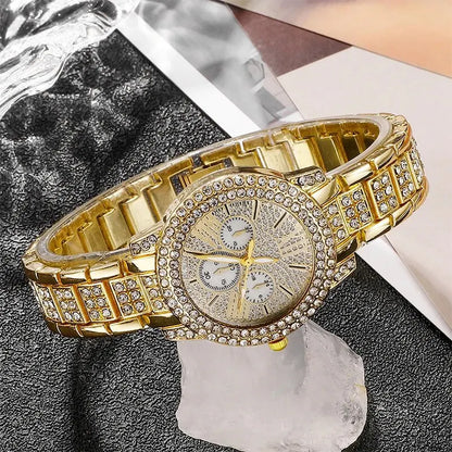 Luxuriöses Damen Schmuck-Set mit goldener Quarz-Uhr