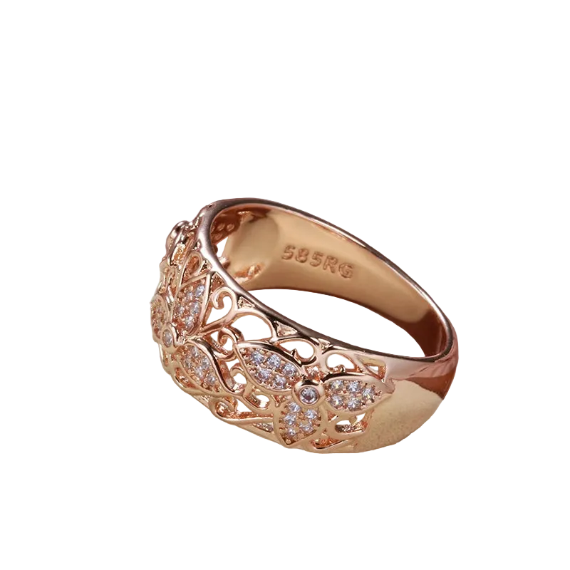 Kinel Damenring aus 585er Roségold mit natürlichem Zirkon im floralen Vintage-Design.