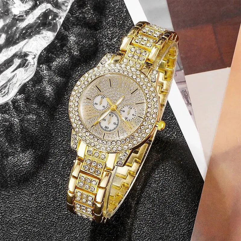 Luxuriöses Damen Schmuck-Set mit goldener Quarz-Uhr