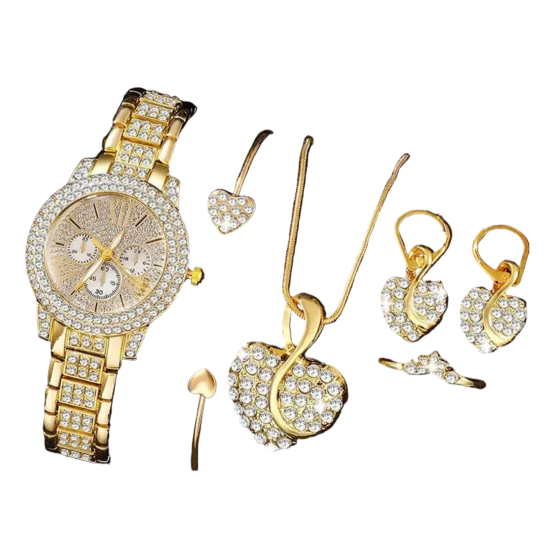 Luxuriöses Damen Schmuck-Set mit goldener Quarz-Uhr