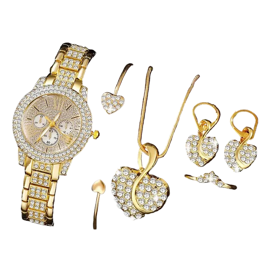 Luxuriöses Damen Schmuck-Set mit goldener Quarz-Uhr
