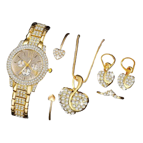 Luxuriöses Damen Schmuck-Set mit goldener Quarz-Uhr