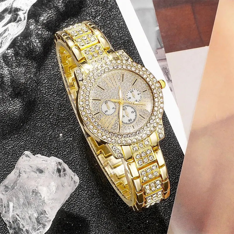 Luxuriöses Damen Schmuck-Set mit goldener Quarz-Uhr